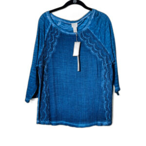 NWT Chicos Isla Indigo Sweatshirt Basin Blue Lace Feminine 2 12 Large $69 MSRP